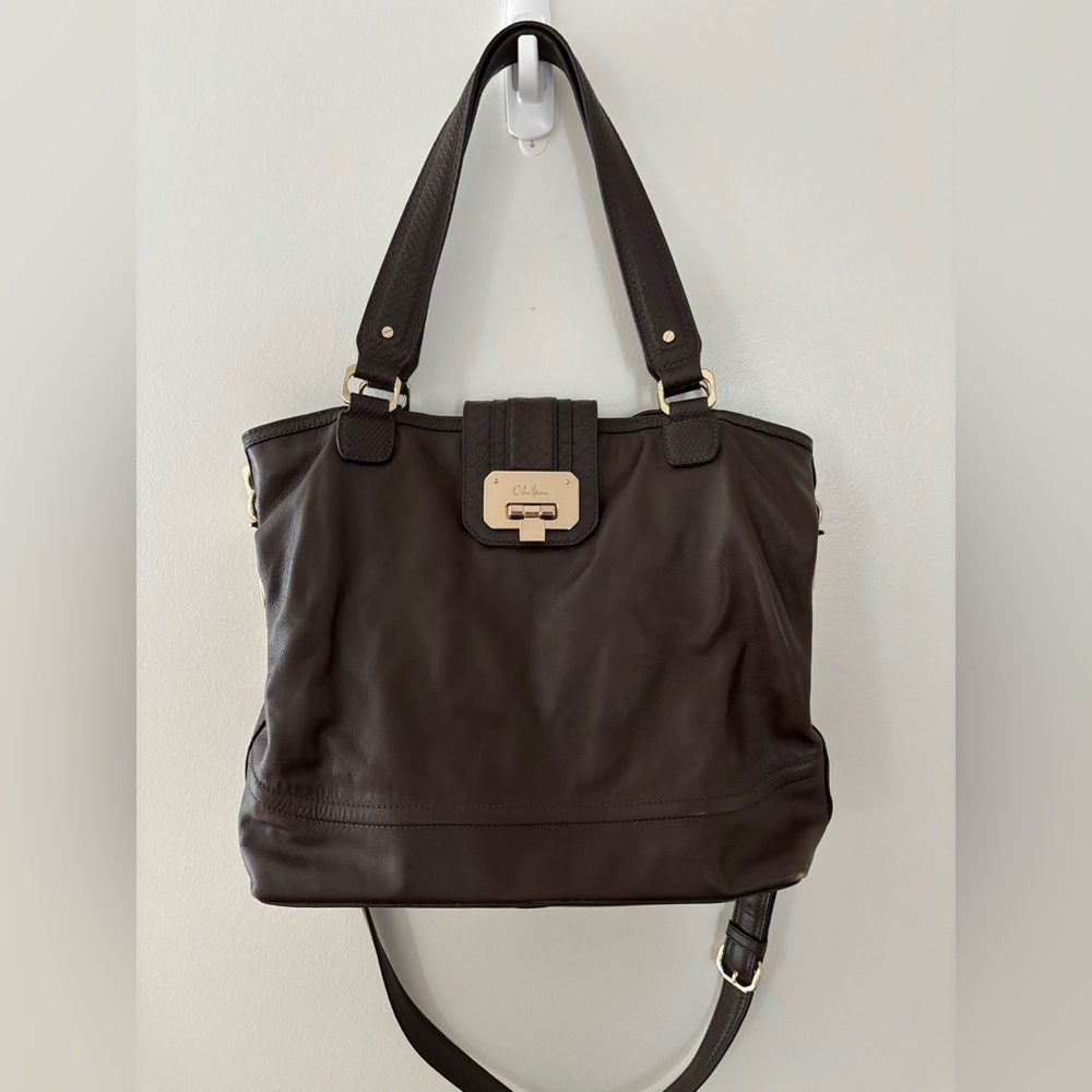 Cole Haan Brown Leather Large Handbag Tote Gold Tone Hardware Crossbody Y2K